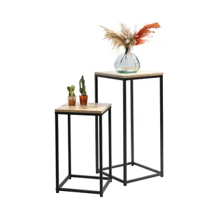 Urban Living Bijzettafel - Plantenstandaard Set - 2-delig - Zwart/bruin - Metaal/hout - D30 X H54 Cm En D34 X H74 Cm