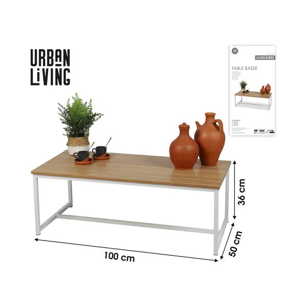 Meubel31 Urban Living - Witte Metalen Salontafel Met Houten Blad - Strak Industrieel Design - Rechthoek - 100x50x36cm thumbnail