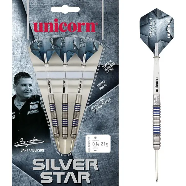 Unicorn Steel Tip Professional Darts Set | Gary 'The Flying Scotsman' Anderson Silver Star | 80% Natural Tungsten Barrels With Blue Accents | 25g thumbnail