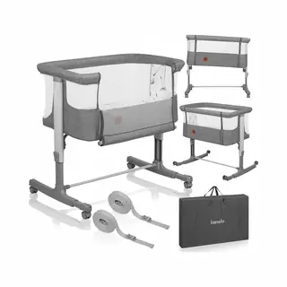 Lionelo Aurora 3in1 Co-sleeper - Babybedje Tot 9 Kg - Verstelbare Hoogte - 4 Wielen Met Rem - Ademend Gaas - Inclusief Matras&Transporttas - Grijs