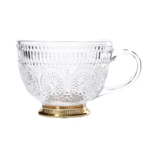 Glass Cup Homla Barrel With Patterns And A Golden Base, 360 Ml