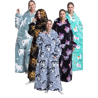 Badrock Extra Lange Draagbare Deken Met Capuchon & Mouwen - Animalprint-hondjes