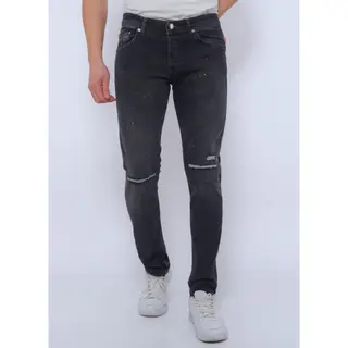 True Rise Ripped Heren Jeans Met Verfspatten Slim Fit -Dc-040- Zwart
