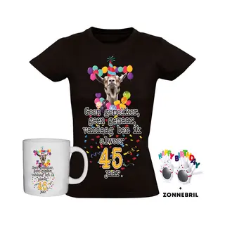 Sol's 45 Jaar Grappig Dames T-shirt + Mok + Bril - 45e Verjaardag - Jarig - Cadeau - Kado - Shirt