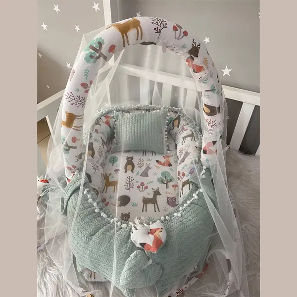 Jaju Baby - Babynestje, Hoofdkussen En Klamboe - Organische Katoen - Antibacterieel Babynestje - Anti-Allergisch Babynestje - Groen En Woud Patroon - thumbnail