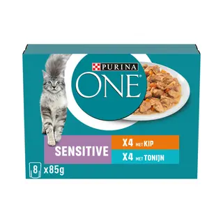 5x Purina One Kattenvoer Nat Adult Sensitive Kip&Tonijn 8 X 85 Gr