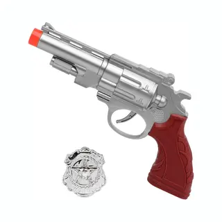 Atosa Politie Speelgoed Pistool - 27 Cm - Speelgoed Verkleed Pistool - Zilver - Met Badge - Kunststof