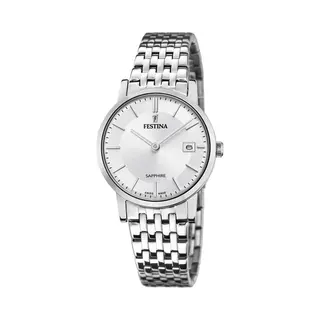 Festina Swiss Made Damen Armbanduhr Edelstahl 316L Silber - Quarzwerk - Saphirglas Resistent - Wasserdicht Bis 5 Atm - Kalender F20019/1 - Classic