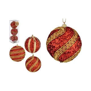 Krist+ Gedecoreerde Kerstballen - 3x Stuks - Rood/goud - Kunststof - 8 Cm