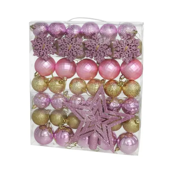 Gerimport Kerstballen Set Met Ster Piek 57-delig - Kunststof - Roze/goud thumbnail