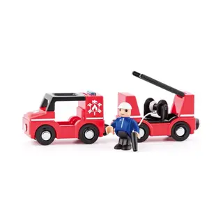Woody - Brandweerwagentrein - Inclusief Brandweerfiguur En Brandslang - Rood (2 Stuks)