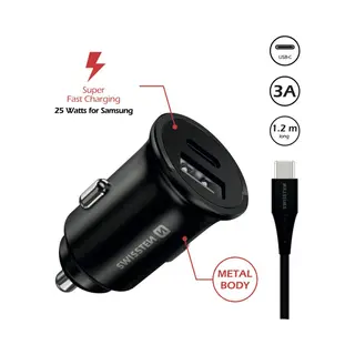 Swissten Car Adapter For Samsung Super Fast Charging 25W + 10W With Cable Usb-C/Usb-C 1, 2m