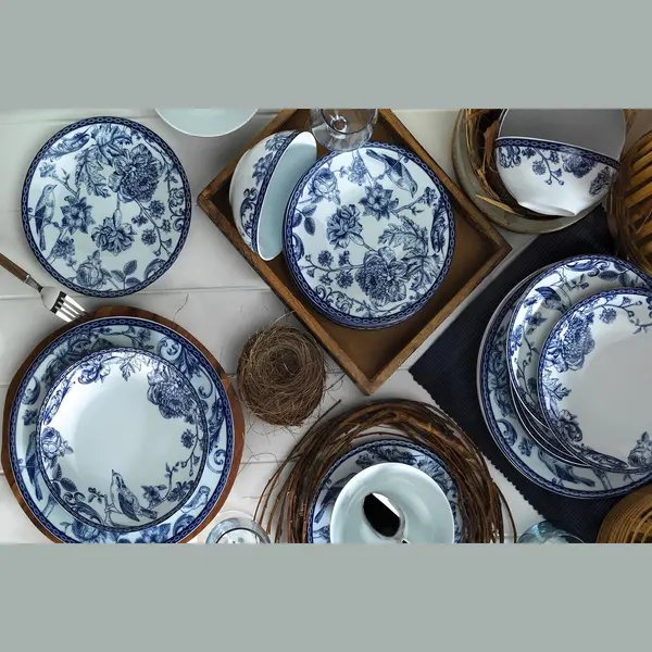Asir Diner Set (24 Stuks) - Blauw Wit - 100% Porselein thumbnail