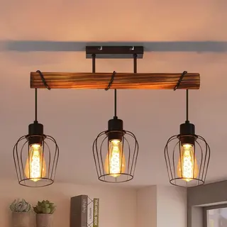 Glitzerlife Vintage Industriële - Plafondlamp - Hout En Zwart Metaal - 3-lichts E27 Fitting - Zonder Lichtbron - Geschikt Voor Woonkamer Keuken