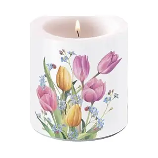 Ambiente Lentekaars Tulpen In Delicate Kleuren Als Tafeldecoratie Kaars Rond Patroon Voor De Gedekte Tafel Ø 7, 5 X 9 Cm
