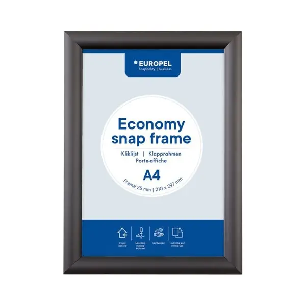 Europel Economy Klapprahmen, A4, Farbe Schwarz, Aluminium Profil 25 X 11 Mm, Maße 241 X 328 Mm, Für Poster 21 X 29, 7 Cm, Posterhalter, Hotel, thumbnail