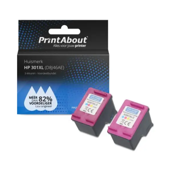 PrintAbout Huismerk Hp 301XL (D8J46AE) Inktcartridge 3-kleuren Voordeelbundel 2-pack Hoge capaciteit thumbnail