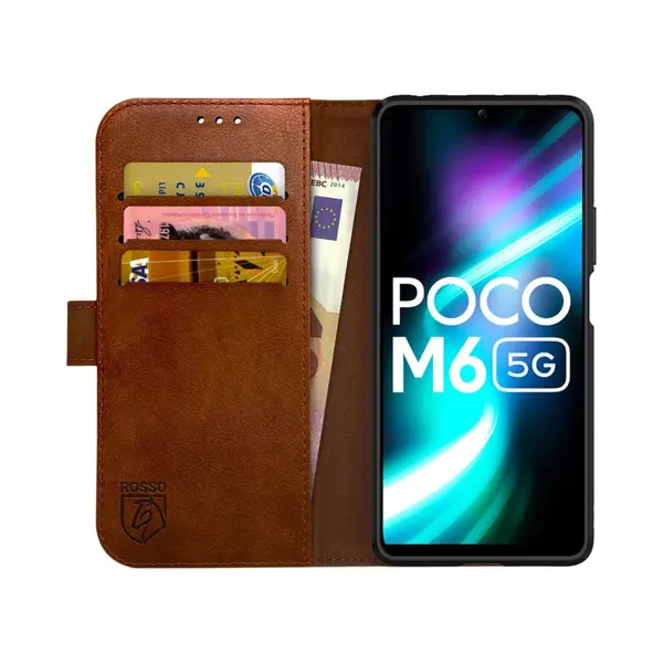 Rosso Element Book Case Wallet Hoesje Geschikt Voor Xiaomi Redmi 13 4G / Poco M6 | Portemonnee | 3 Pasjes | Magneetsluiting | Stand Functie | Bruin thumbnail