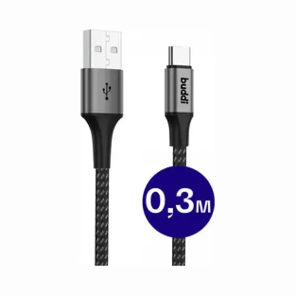 Buddi Flex | Usb-A Naar Usb-C Kabel 12W Fast Charge 5V/2.4A | 480Mbps Dataoverdracht | Gevlochten Nylon | 0, 3M Zwart thumbnail