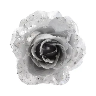 Decoris Kerstboomversiering Bloem - 12 Cm - Zilver - Op Clip - Ornament - Roos