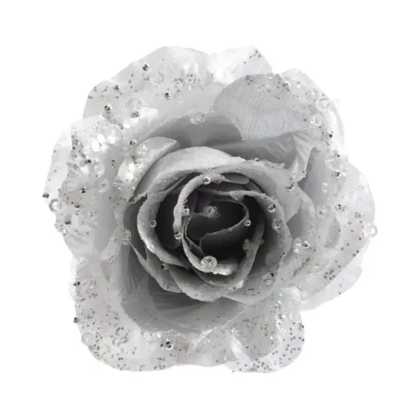 Decoris Kerstboomversiering Bloem - 12 Cm - Zilver - Op Clip - Ornament - Roos thumbnail