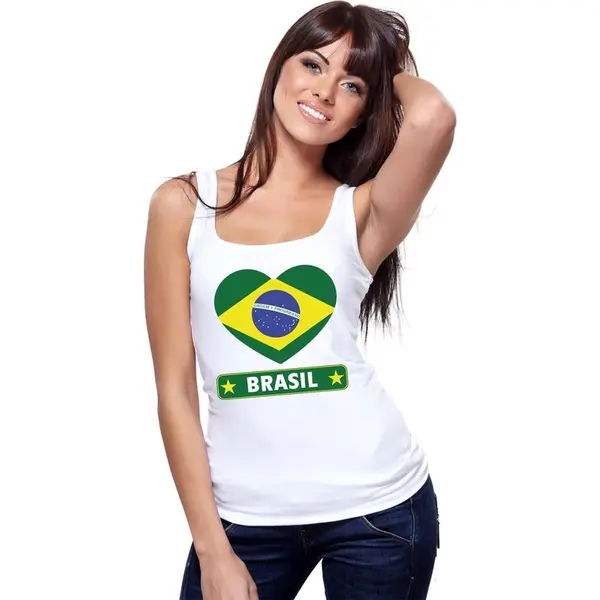 Bellatio Decorations Brazilie Singlet Shirt/ Tanktop Met Braziliaanse Vlag In Hart Wit Dames Xl thumbnail