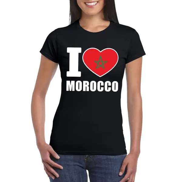 Bellatio Decorations Marokko Supporters Kleding T-shirt - Voor Dames - Zwart - Met Vlag Kleuren Print - Korte Mouwen M thumbnail
