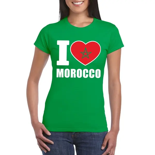 Bellatio Decorations Marokko Supporters Kleding T-shirt - Voor Dames - Groen - Met Vlag Kleuren Print - Korte Mouwen M thumbnail