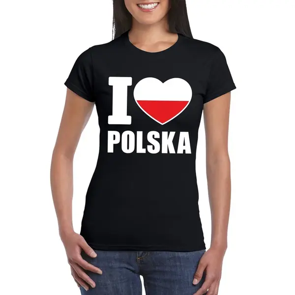 Bellatio Decorations Polen Supporters Kleding T-shirt - Voor Dames - Zwart - Met Vlag Kleuren Print - Korte Mouwen L thumbnail