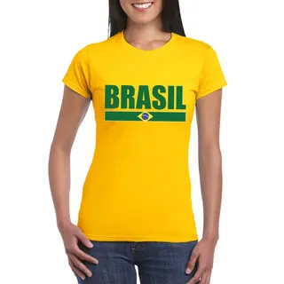 Bellatio Decorations Brazilie Supporters Kleding T-shirt - Voor Dames - Geel - Met Vlag Kleuren Print - Korte Mouwen L