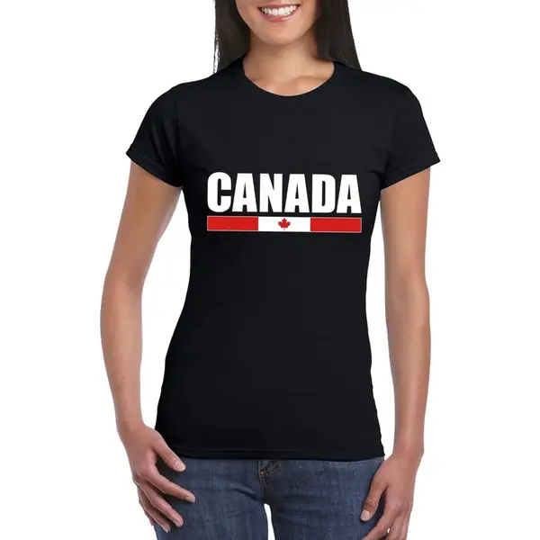 Bellatio Decorations Canada Supporters Kleding T-shirt - Voor Dames - Zwart - Met Vlag Kleuren Print - Korte Mouwen M thumbnail