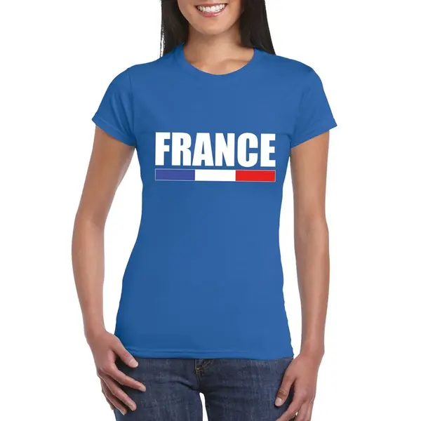 Bellatio Decorations Frankrijk Supporters Kleding T-shirt - Voor Dames - Blauw - Met Vlag Kleuren Print - Korte Mouwen L thumbnail