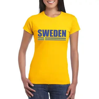 Bellatio Decorations Zweden Supporters Kleding T-shirt - Voor Dames - Geel - Met Vlag Kleuren Print - Korte Mouwen M