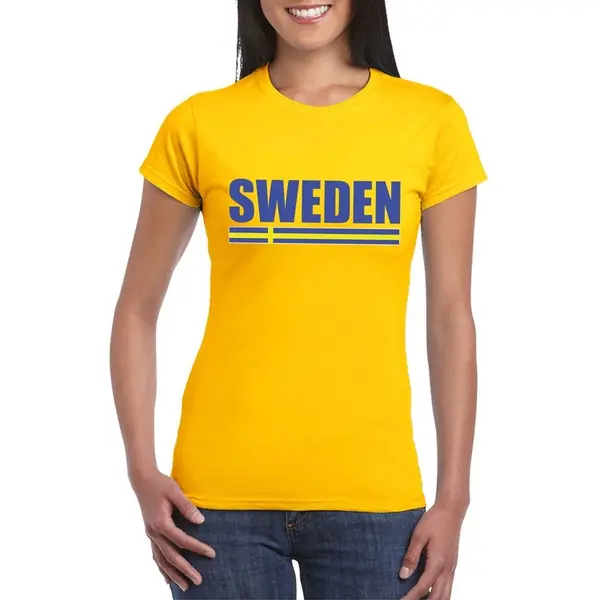 Bellatio Decorations Zweden Supporters Kleding T-shirt - Voor Dames - Geel - Met Vlag Kleuren Print - Korte Mouwen M thumbnail
