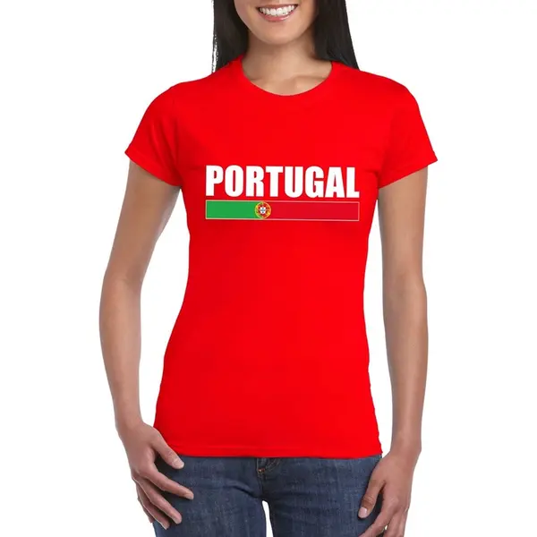 Bellatio Decorations Portugal Supporters Kleding T-shirt - Voor Dames - Rood - Met Vlag Kleuren Print - Korte Mouwen S thumbnail