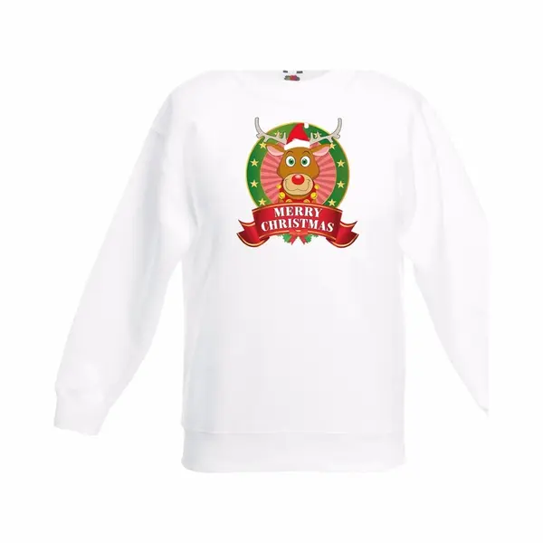Bellatio Decorations Kerst Sweater / Kersttrui Voor Kinderen Met Rendier Rudolf Print - Wit - Jongens / Meisjes Sweater 170/176 thumbnail