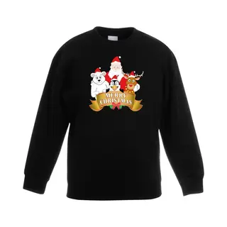 Bellatio Decorations Kersttrui Sweater Voor Kinderen - Zwart - Kerstman En Zijn Dieren Vriendjes - Kerstruien - Jongens En Meisjes 98/104