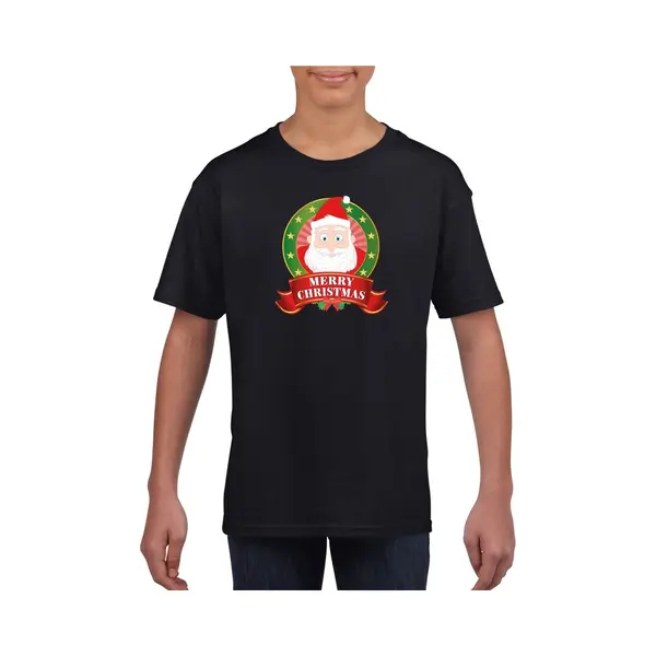 Bellatio Decorations Kerst T-shirt Voor Kinderen Met Kerstman Print - Zwart - Kerst Shirts Jongens En Meisjes 122/128 thumbnail