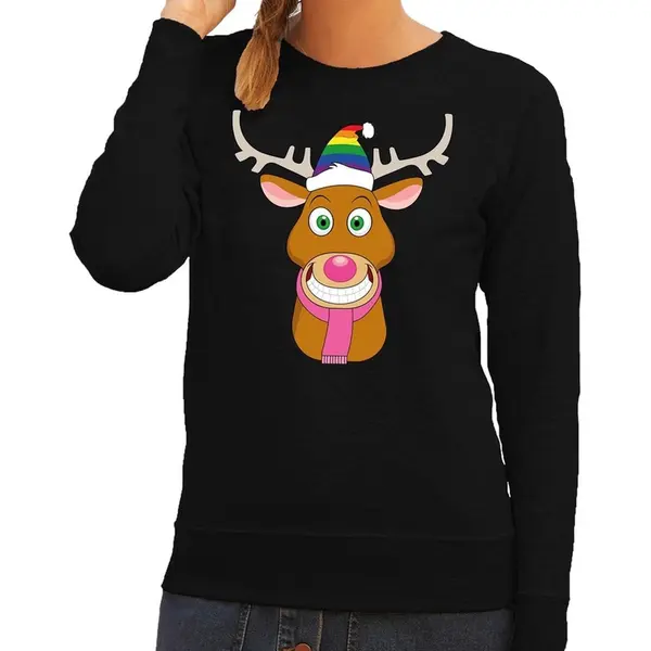 Bellatio Decorations Foute Kersttrui / Sweater Gay Ruldolf Met Regenboog Muts En Roze Sjaal Zwart Voor Dames - Kersttruien L thumbnail