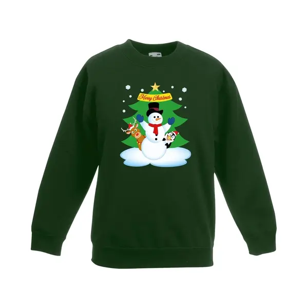 Bellatio Decorations Groene Kersttrui Met Een Sneeuwpop En Zijn Dieren Vriendjes Voor Jongens En Meisjes - Kerstruien Kind 98/104 thumbnail