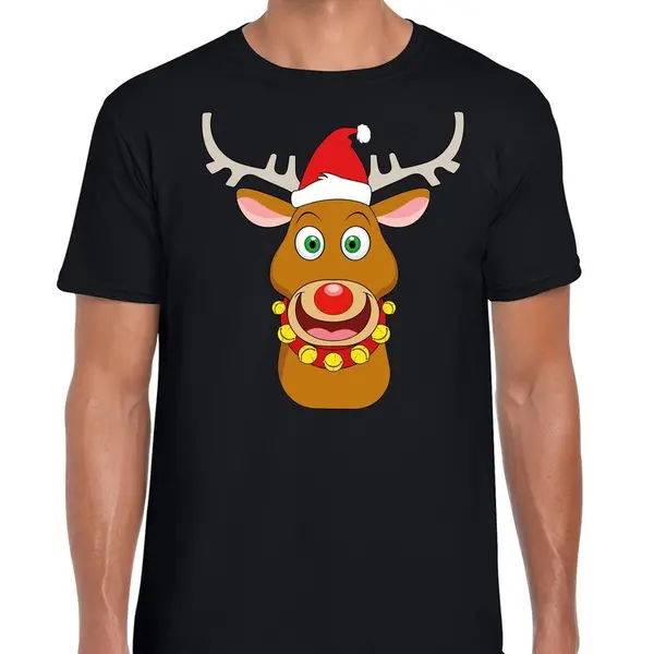 Bellatio Decorations Foute Kersttrui T-shirt - Rendier Rudolf - Rode Kerstmuts - Zwart - Voor Heren S thumbnail