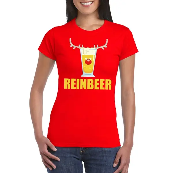Bellatio Decorations Foute Kersttrui T-shirt - Reinbeer - Rood - Voor Dames - Drank Thema - Korte Mouwen M thumbnail