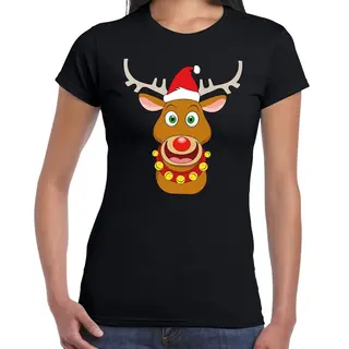 Bellatio Decorations Foute Kerst T-shirt - Met Rendier Rudolf - Rode Muts - Zwart - Voor Dames - Kersttruien - Kerstdiner Kleding Xl