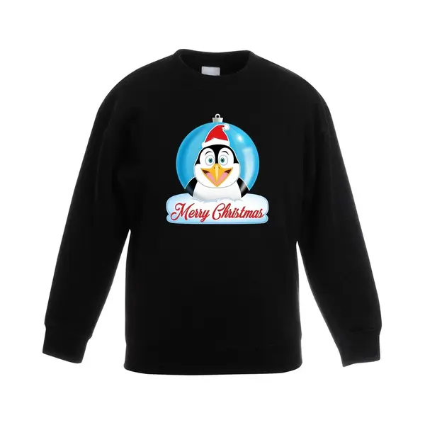 Bellatio Decorations Kersttrui Voor Kinderen - Merry Christmas Pinguin Kerstbal - Zwart - Jongens En Meisjes - Kerstruien 134/146 thumbnail