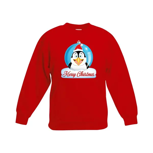 Bellatio Decorations Kersttrui Voor Kinderen - Merry Christmas Pinguin Kerstbal - Rood - Jongens En Meisjes - Kerstruien 134/146 thumbnail