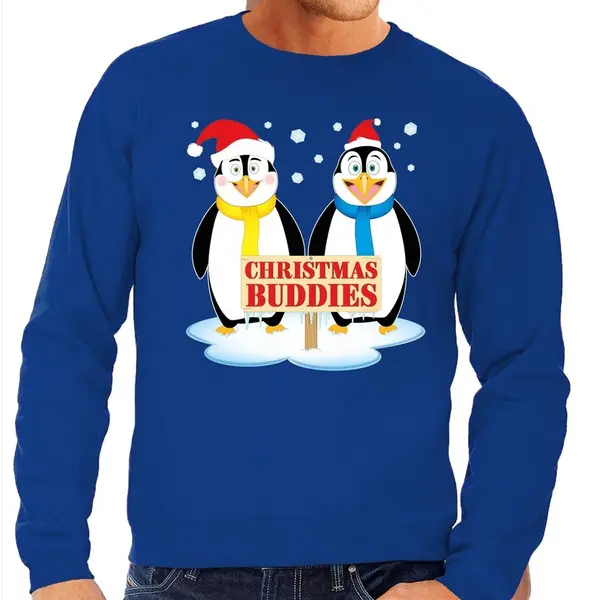 Bellatio Decorations Foute Kersttrui / Sweater - Pinguin Vriendjes - Blauw - Voor Heren - Kersttruien Xl thumbnail