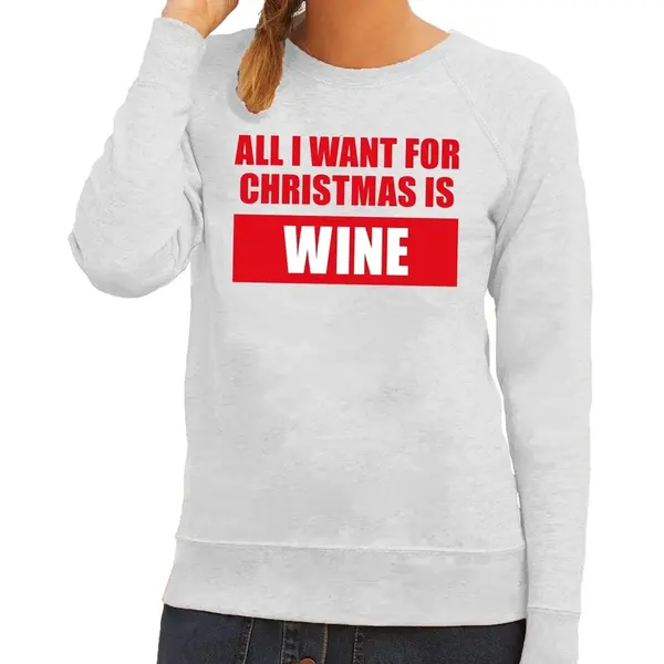 Bellatio Decorations Foute Kersttrui - Sweater - All I Want For Christmas Is Wine - Grijs - Dames - Kersttruien - Drank - Wijn S thumbnail