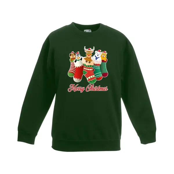 Bellatio Decorations Kersttrui Kerstsokken Merry Christmas Groen Voor Kinderen - Kersttruien 110/116 thumbnail