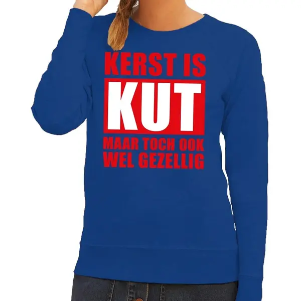 Bellatio Decorations Foute Kersttrui - Kerst Is Kut Maar Toch Ook Wel Gezellig - Blauw - Voor Dames S thumbnail
