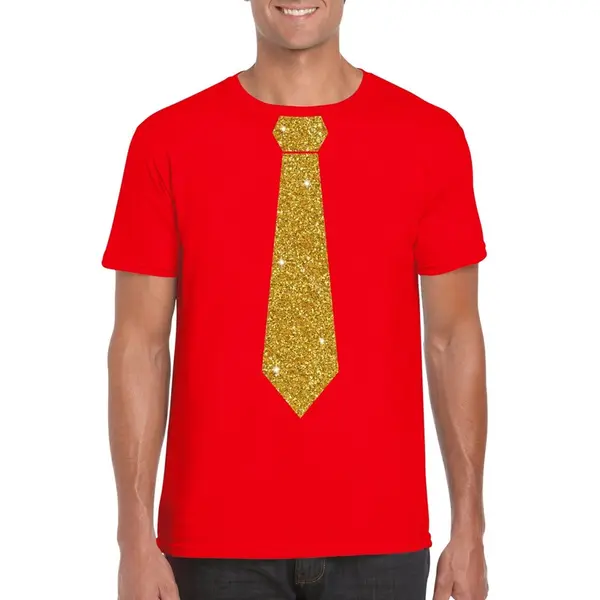 Bellatio Design T-shirt Met Stropdas Print Goud - Heren - Rood - Feestelijke Shirts - Glitter - Glamour S thumbnail